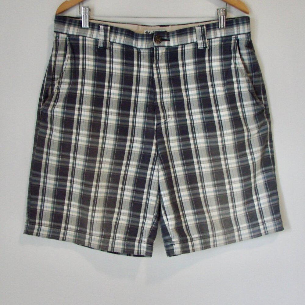 Columbia Plaid Shorts Golf Flat Front Blue Gray Tan Size 36